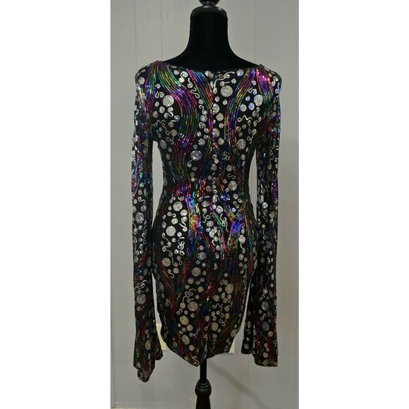 Miss Ord V-Neck Flared Sleeve Multicolor Shimmering Sequin Mini Dress HOCO Small - Picture 2 of 9